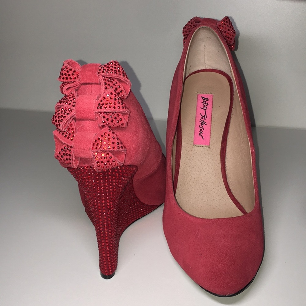 Betsey Johnson Wedges. Red Suede